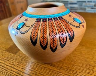 Klaus Stange Carved Wood & Turquoise Pot Southwest art 	5.75 inches high.	
