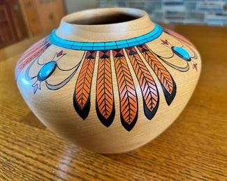 Klaus Stange Carved Wood & Turquoise Pot Southwest art 	5.75 inches high.	
