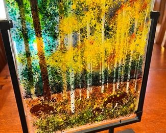 Art Glass Fused Landscape Art Frit Glass Painting	Panel 12 x 10.5.	
