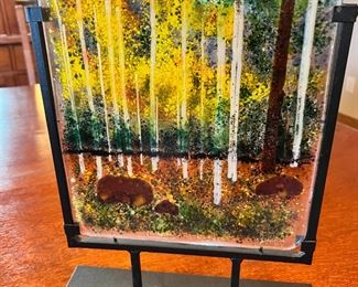 Art Glass Fused Landscape Art Frit Glass Painting	Panel 12 x 10.5.	
