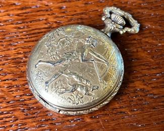 Gold Plated ARNEX Pocket Watch in Display Case 17 Jewel Caliber	Case: 7.5 inches high.	
