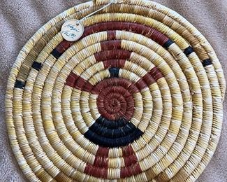 Hopi Second Mesa Coil Basket with Mudhead Design&nbsp; Native American Figural Flat Plaque	12 inches diameter	
