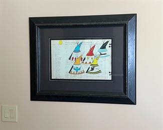 Original Art Terrance Guardipee Blackfeet Ledger Painting 5 TeePees Native American Framed Drawing Siksikaitsitapi	Frame: 24 x 30in	
