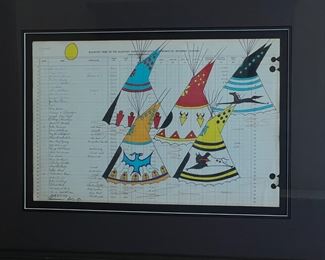 Original Art Terrance Guardipee Blackfeet Ledger Painting 5 TeePees Native American Framed Drawing Siksikaitsitapi	Frame: 24 x 30in	
