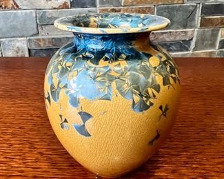 Crystalline Studio Pottery Vase Xavier Gonzalez California Studio Mustard /Silver grey	4.25 inches high.	
