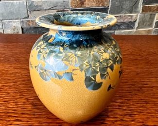 Crystalline Studio Pottery Vase Xavier Gonzalez California Studio Mustard /Silver grey	4.25 inches high.	
