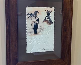 Signed/Numbered King Kuka Native American Flag Embossed Litho Art Framed Painting Print 	Frame: 20.75 x 16.75in	
