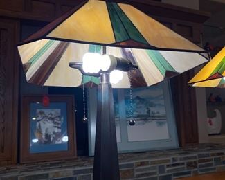 2pc Mission Style Bronze & Slag Glass Table Lamps PAIR Arts And Crafts 	26 x 16 x 16in	HxWxD
