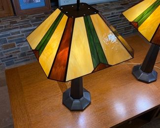 2pc Mission Style Bronze & Slag Glass Table Lamps PAIR Arts And Crafts 	26 x 16 x 16in	HxWxD
