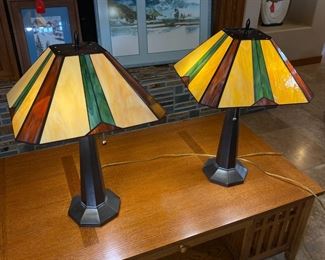 2pc Mission Style Bronze & Slag Glass Table Lamps PAIR Arts And Crafts 	26 x 16 x 16in	HxWxD

