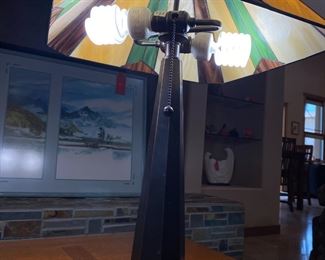 2pc Mission Style Bronze & Slag Glass Table Lamps PAIR Arts And Crafts 	26 x 16 x 16in	HxWxD
