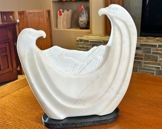 Navajo Tim Washburn Alabaster Sculpture  Two Eagles Carved Native American Soapstone 	14.5 x 14.5 x 3.5.	HxWxD
