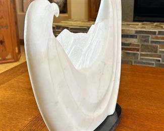 Navajo Tim Washburn Alabaster Sculpture  Two Eagles Carved Native American Soapstone 	14.5 x 14.5 x 3.5.	HxWxD
