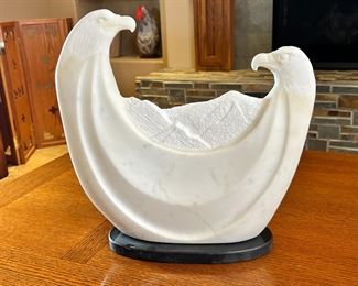 Navajo Tim Washburn Alabaster Sculpture  Two Eagles Carved Native American Soapstone 	14.5 x 14.5 x 3.5.	HxWxD
