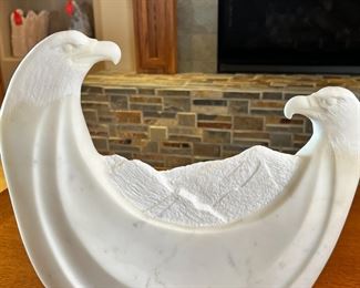 Navajo Tim Washburn Alabaster Sculpture  Two Eagles Carved Native American Soapstone 	14.5 x 14.5 x 3.5.	HxWxD
