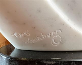 Navajo Tim Washburn Alabaster Sculpture  Two Eagles Carved Native American Soapstone 	14.5 x 14.5 x 3.5.	HxWxD
