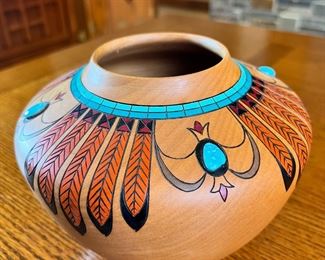 Klaus Stange Carved Wood & Turquoise Pot Southwest art 	5.75 inches high.	
