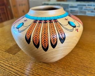 Klaus Stange Carved Wood & Turquoise Pot Southwest art 	5.75 inches high.	
