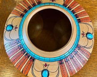 Klaus Stange Carved Wood & Turquoise Pot Southwest art 	5.75 inches high.	
