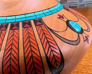 Klaus Stange Carved Wood & Turquoise Pot Southwest art 	5.75 inches high.	
