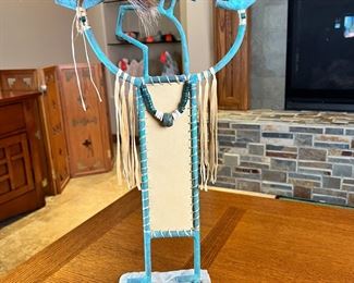 Metal & Hide Kokopelli Sculpture 	23 x 11 x 3in	HxWxD
