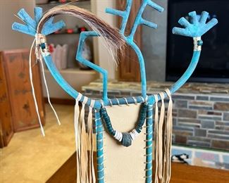 Metal & Hide Kokopelli Sculpture 	23 x 11 x 3in	HxWxD
