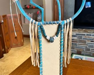 Metal & Hide Kokopelli Sculpture 	23 x 11 x 3in	HxWxD
