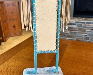 Metal & Hide Kokopelli Sculpture 	23 x 11 x 3in	HxWxD
