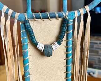 Metal & Hide Kokopelli Sculpture 	23 x 11 x 3in	HxWxD
