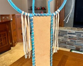 Metal & Hide Kokopelli Sculpture 	23 x 11 x 3in	HxWxD
