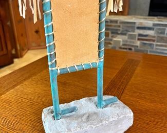 Metal & Hide Kokopelli Sculpture 	23 x 11 x 3in	HxWxD
