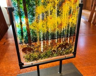 Art Glass Fused Landscape Art Frit Glass Painting	Panel 12 x 10.5.	
