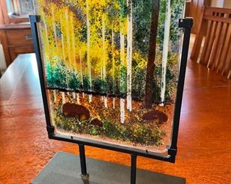 Art Glass Fused Landscape Art Frit Glass Painting	Panel 12 x 10.5.	
