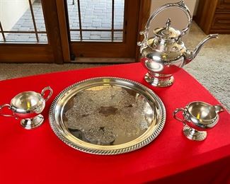 4pc Arts & Co SPC 204 Silver Plated Teapot Kettle Cremer Sugar & Tray 	Teapot: 11x 5.5 x 9.5in	
