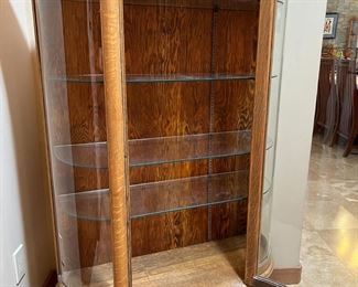 Antique Oak Curved Glass Curio Cabinet 	62.5 x 37 x 16in	HxWxD
