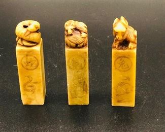 3 OLD CHINESE WAX STAMPS WITH ANIMALS AND CARVED DECORATIONS ON ALL SIDES!