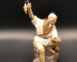 Chinese Mud Fisherman Detailed Figurine Wanjiang China Signed