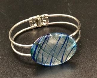 Cuff bracelet with wide blue silver green stone