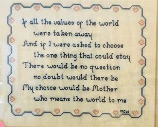 Lots of needlepoint and cross stitched pieces