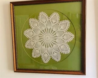 Framed and matted hand made doily