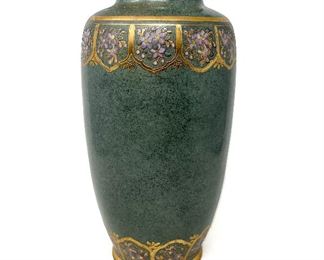 Green Vase With Purple Flowers Gold Enameled Trim 14"