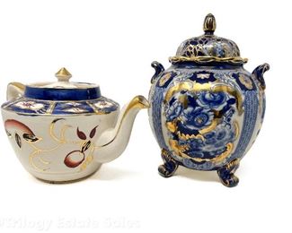 Antique English Staffordshire Footed Biscuit Jar & Woods Tea Pot