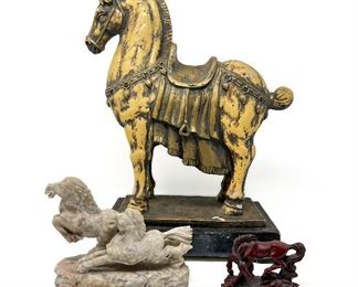 Three Chinese Horse Statues Rosewood-Look Resin, Stone, Painted Plaster