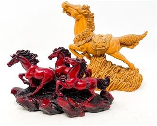 Two Horse Carvings Faux Cinnabar & Resin