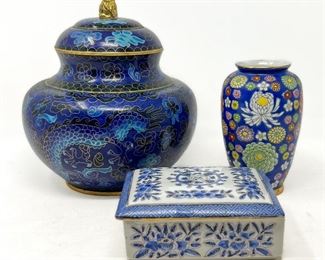 Blue Cloisonne Pot With Lid; Blue Porcelain Vase; Blue Trinket Box