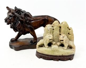 Green Stone Dual Lion On Mountain & Resin Lion Sculptures