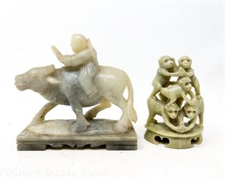 Carved Stone Water Buffalo And Monkeys