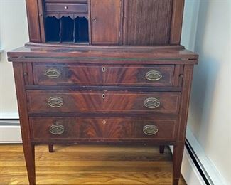 Gorgeous Antique Secretary's Desk with Burl veneer and inlaw: 48.5" tall, 34" wide, 19-28" deep depending on whether desk is open or not.