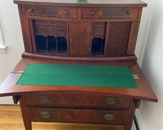 Antique Secretary's Desk with Burl veneer and inlay 48.5" tall, 34" wide, 19-28" deep depending on whether desk is open or not.