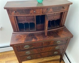  Antique Secretary Desk with Burl veneer and inlay 48.5" tall, 34" wide, 19-28" deep depending on whether desk is open or not.